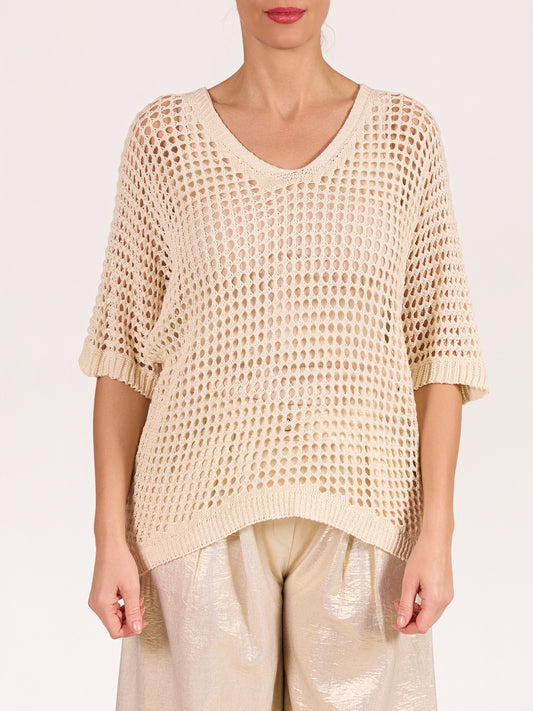 Beige V Neck Drop Shoulder Crochet Sweater