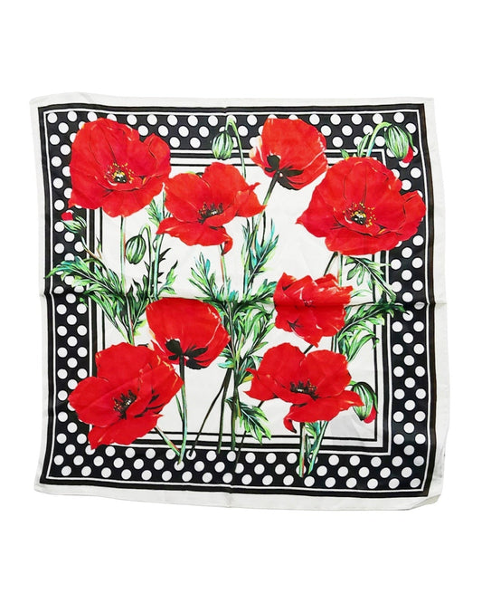 Polka Dot and Red Poppy Print 100% Silk Decorative Scarf
