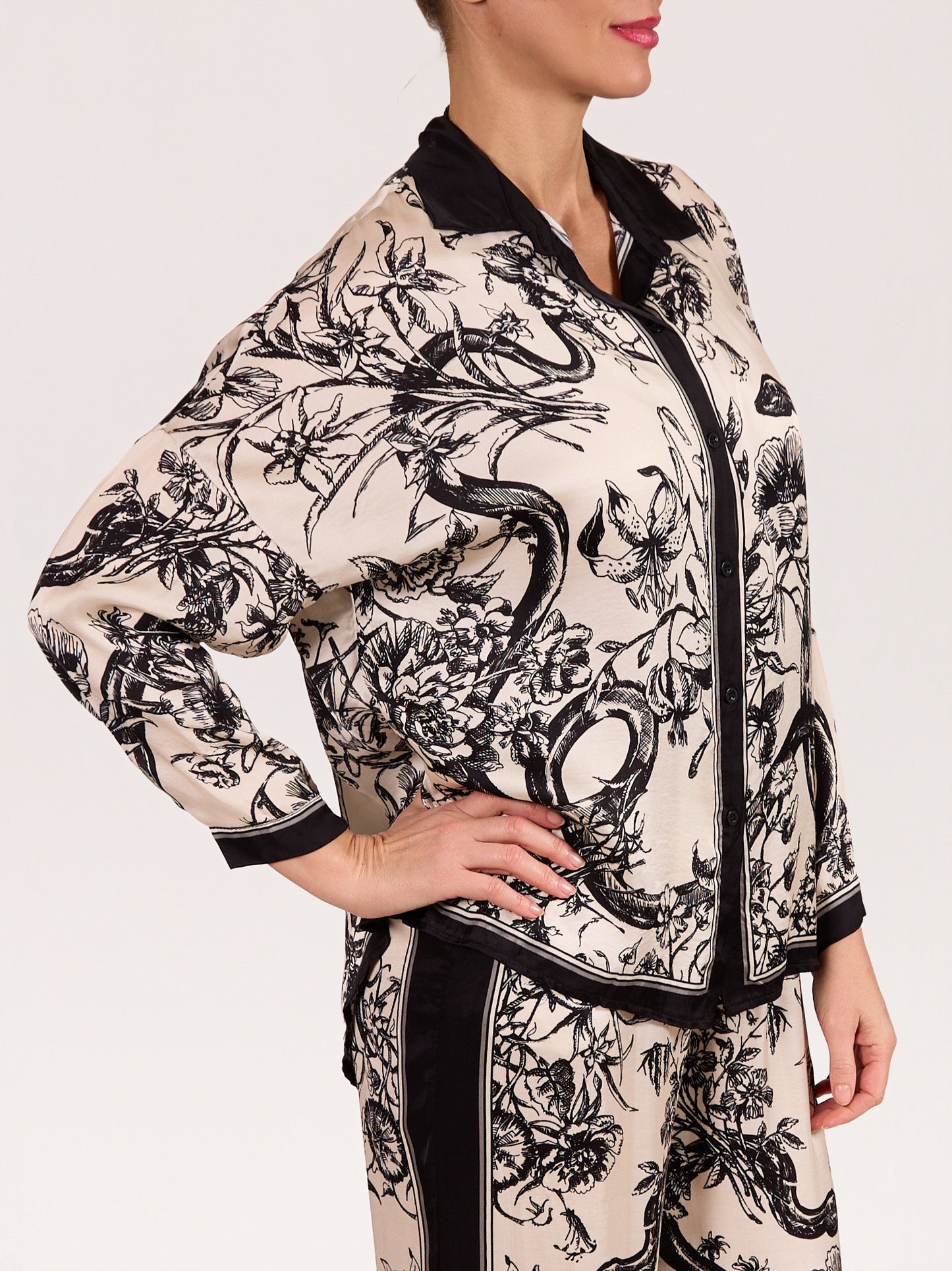 Ivory & Black Botanical Print Button Front Blouse