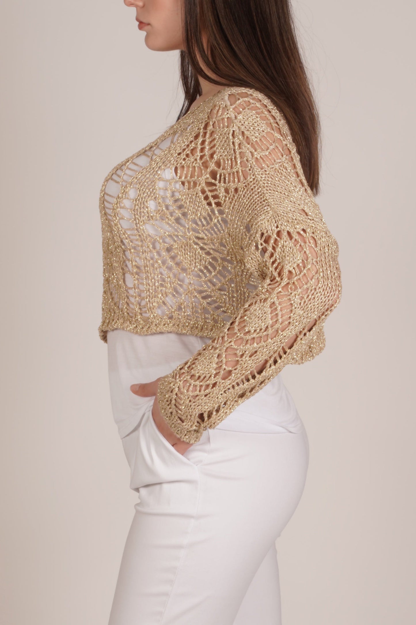 Gold Lurex Open-Knit Long Sleeve Sweater
