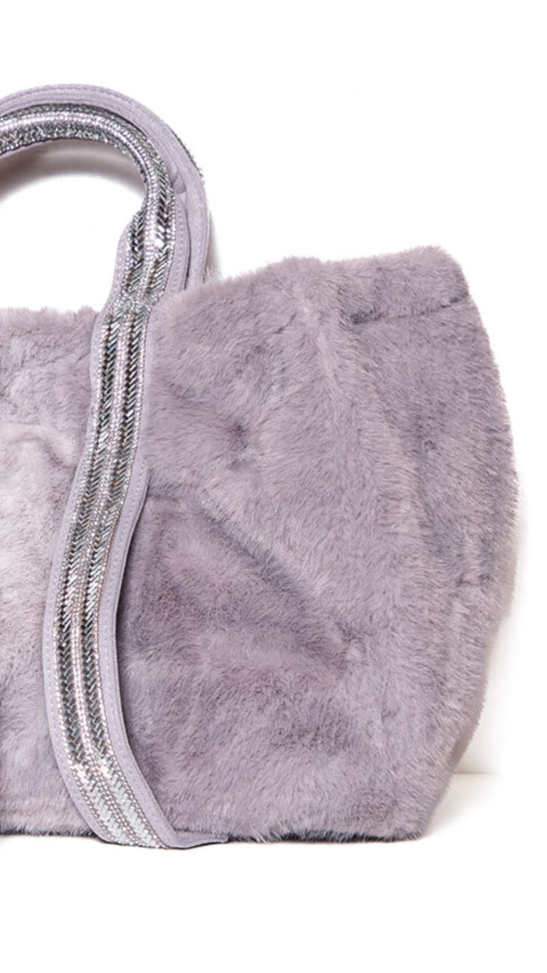 Grey Oversized Faux Fur Tote Bag with Sequin Straps & Matching Pouch