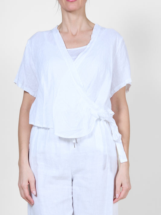 White Short Sleeve Top with Crisscross Tie Detail