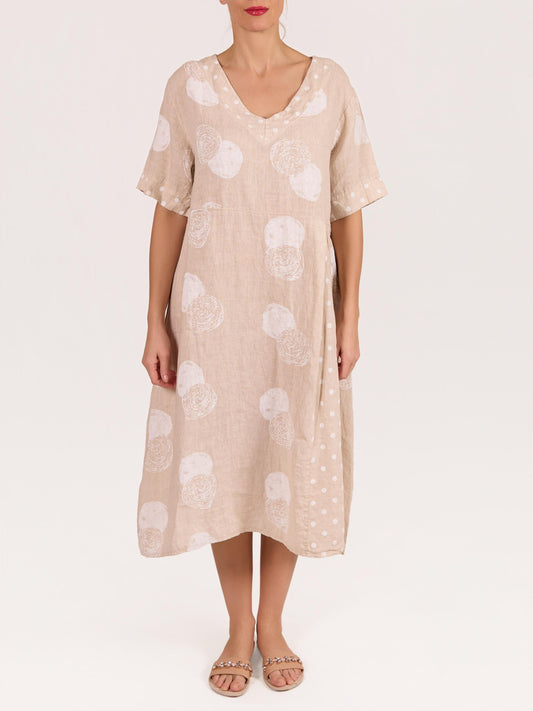 Beige V Neck Pleat Front Short Sleeve Cirlcle Dot Print Dress
