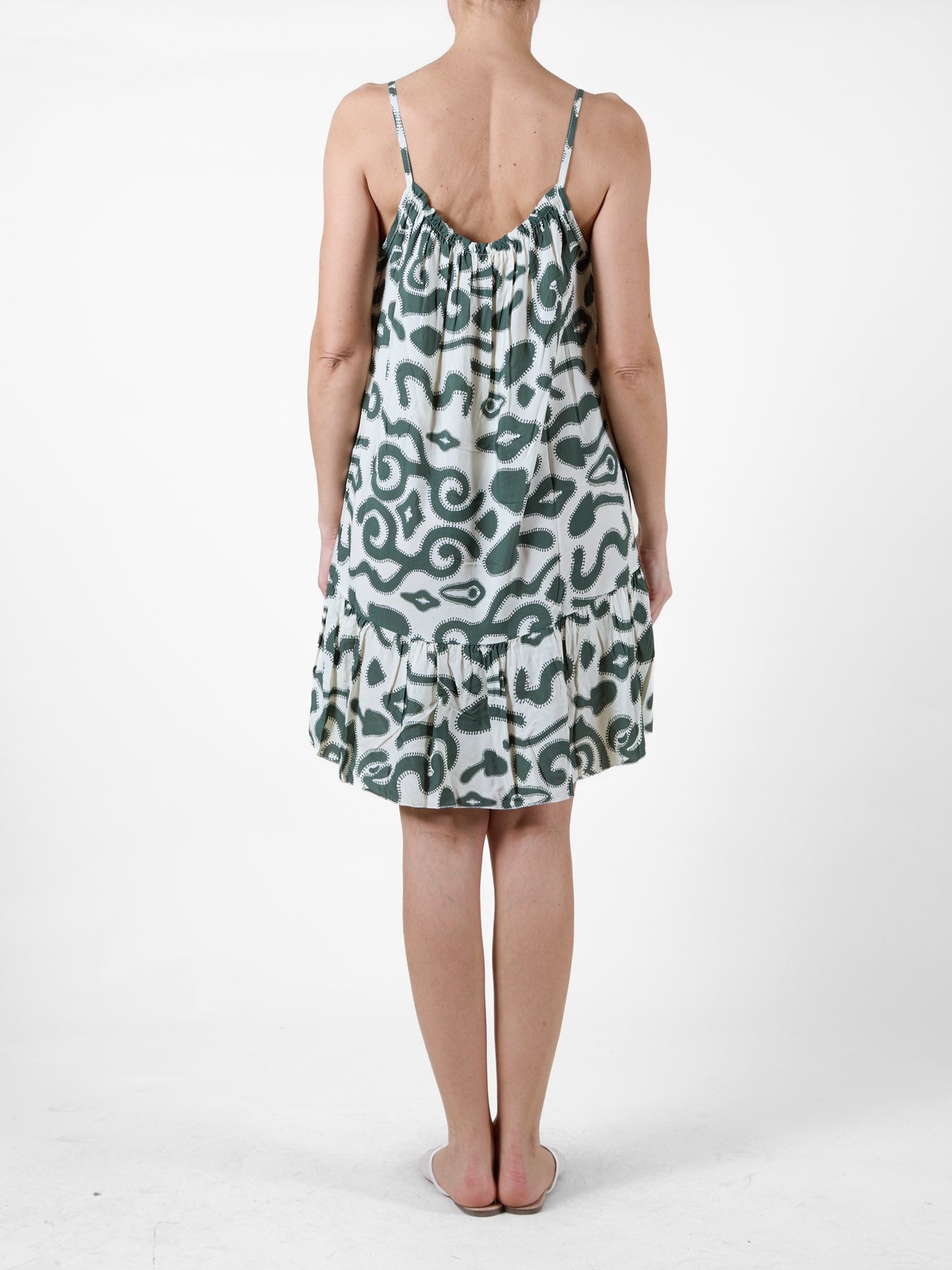 Palm Spaghetti Strap Dress with Ruffle Hem and Abstract Tropical Print