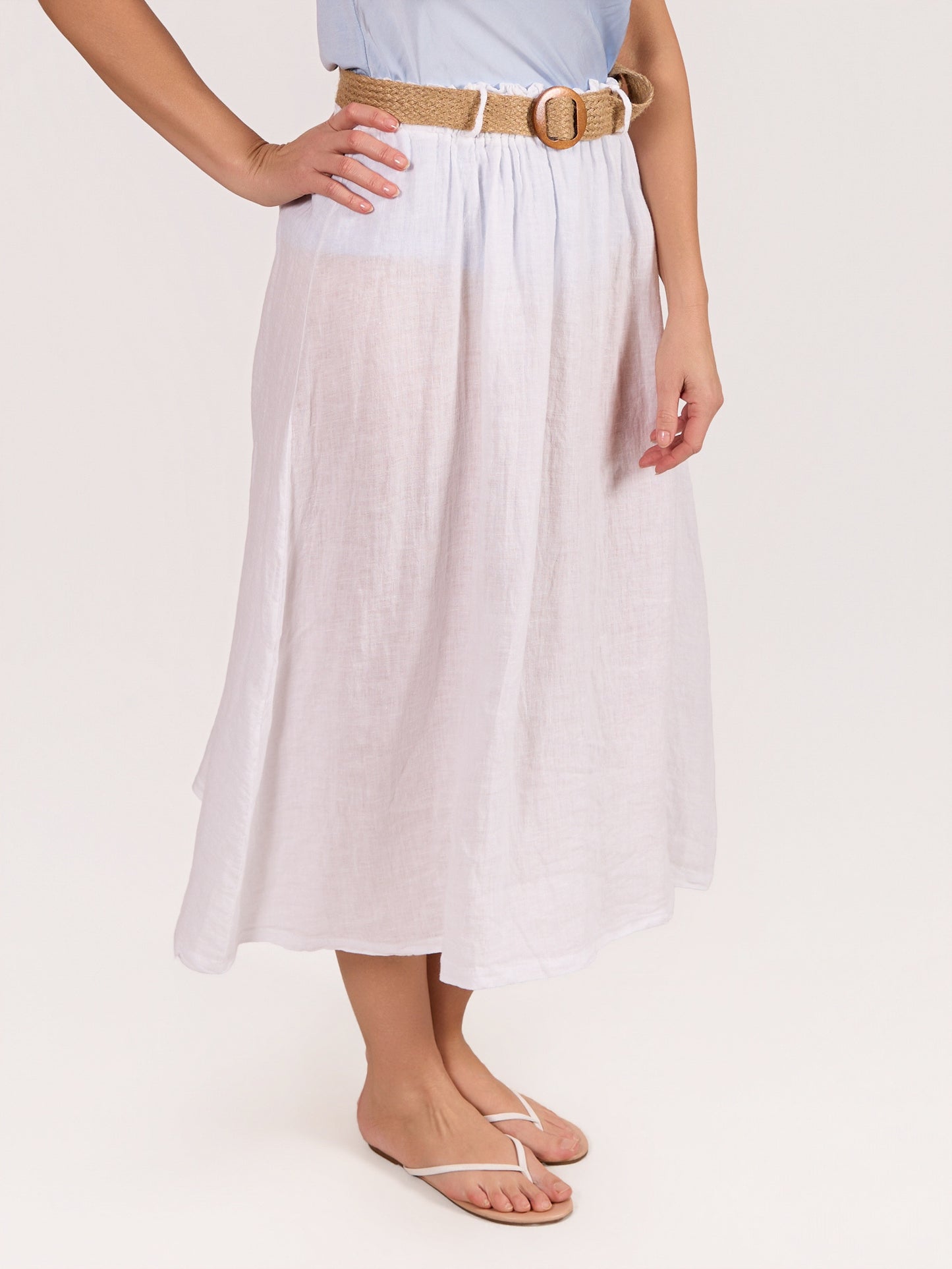 White Pull on Belted Flare Skirt