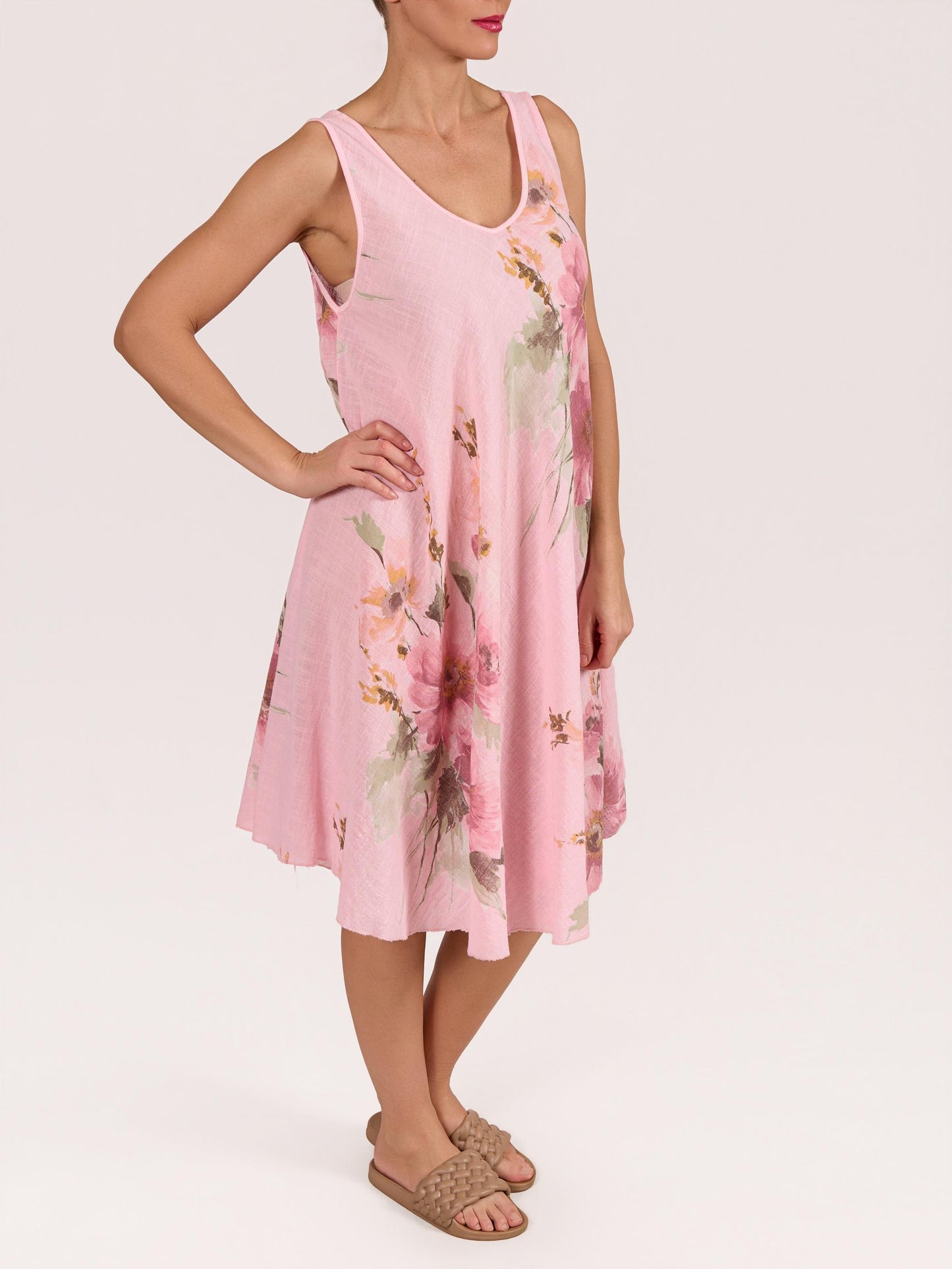 Robe Rose Sans Manches Évasée Ligne A à Imprimé Floral