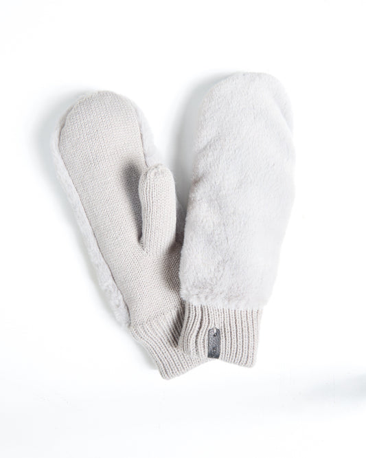 Light Grey Faux Fur Mittens With Knit Palm And Cuff