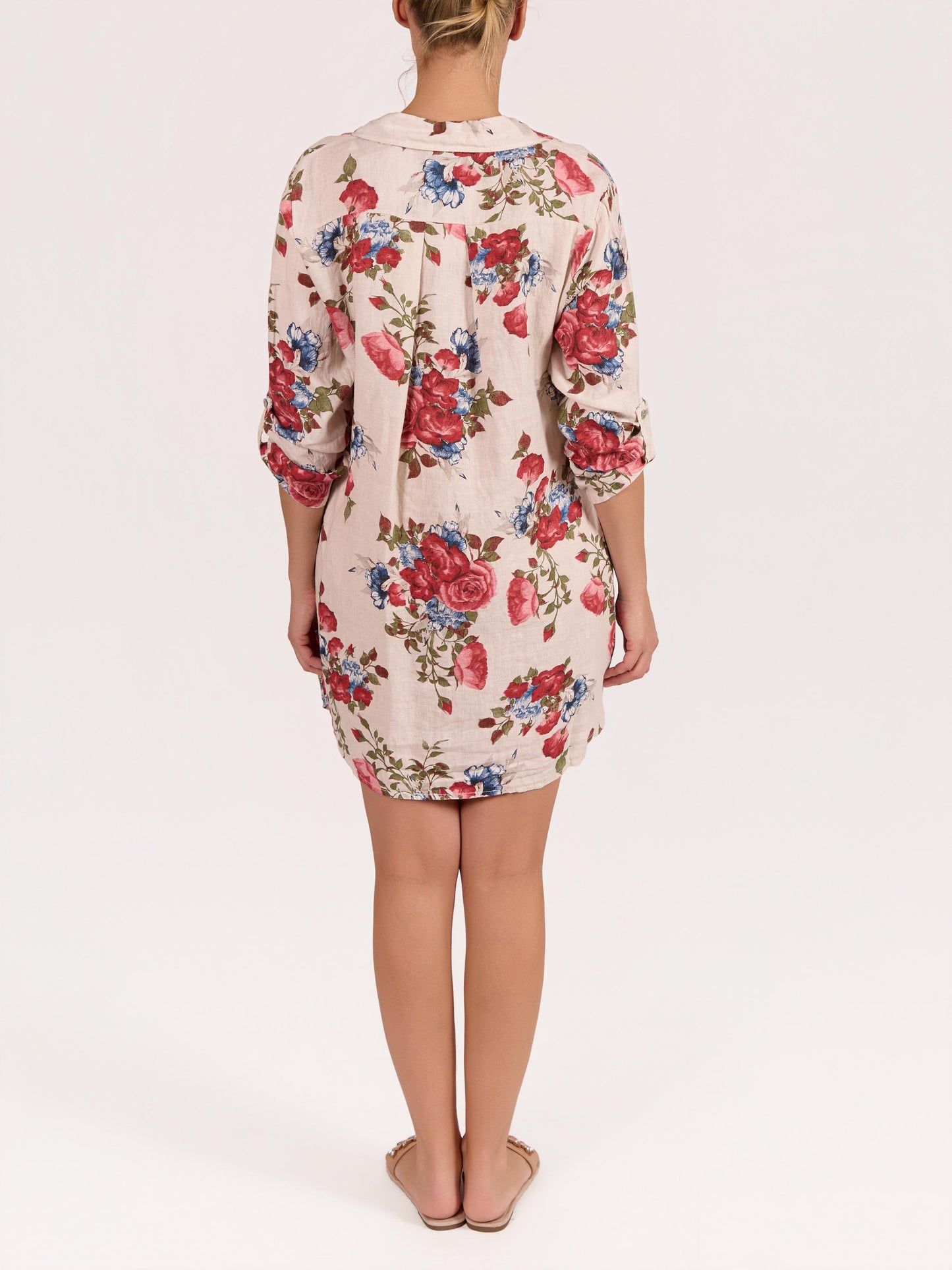 Beige Button Front Roll Up Sleeve Floral Print Shirt Dress