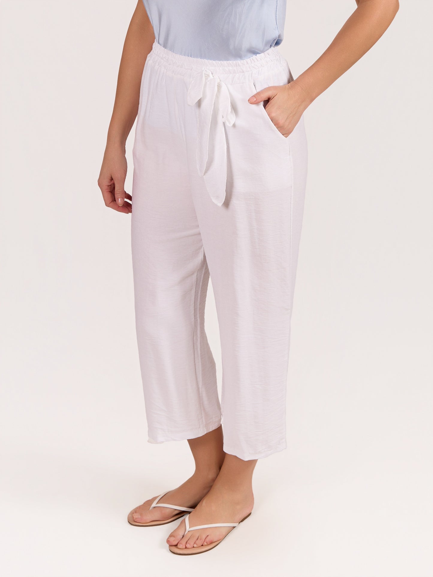 White Pull On Tie Trim Front Pant
