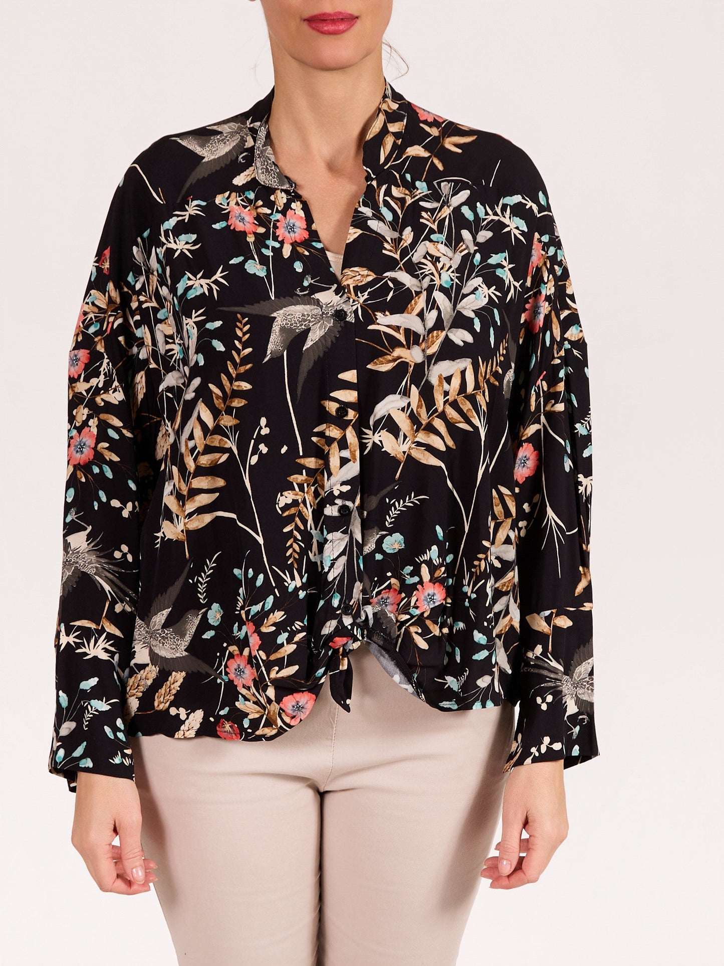 Black Button Front Long Sleeve Mandarin Collar Tie Front Floral Blouse