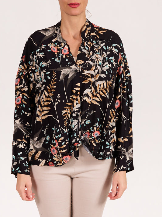 Black Button Front Long Sleeve Mandarin Collar Tie Front Floral Blouse