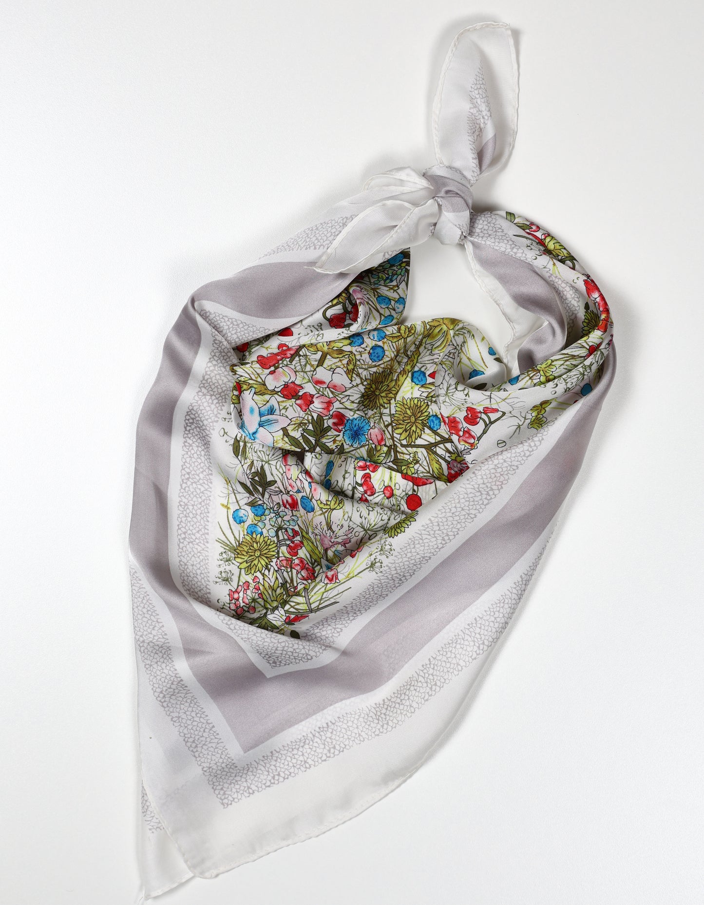 Decorative Silk Scarf with Floral Center & Grey Borders