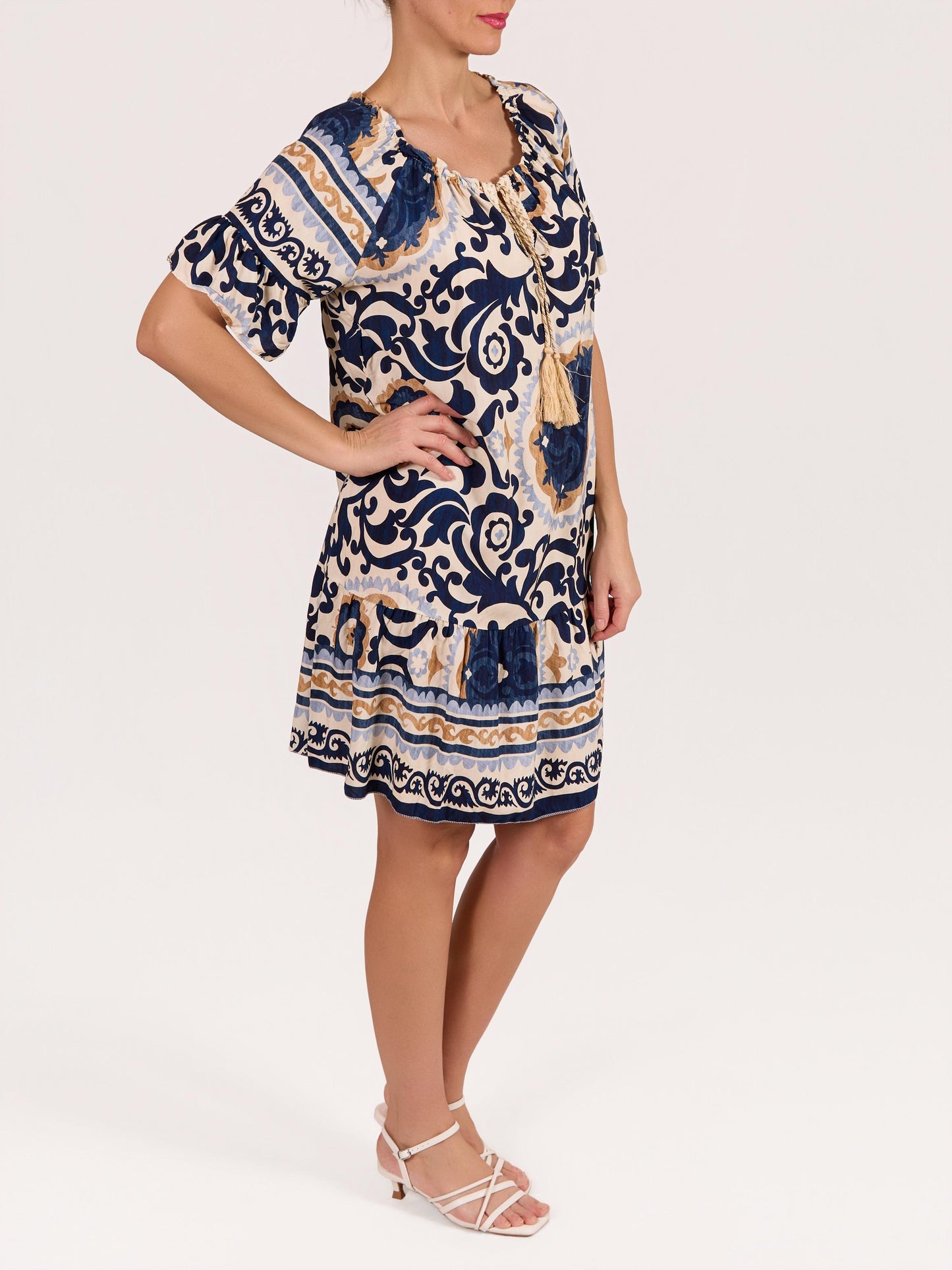 Midnight Boat Neck Short Sleeve Lurex Tassel Paisley Floral Peasant Dress