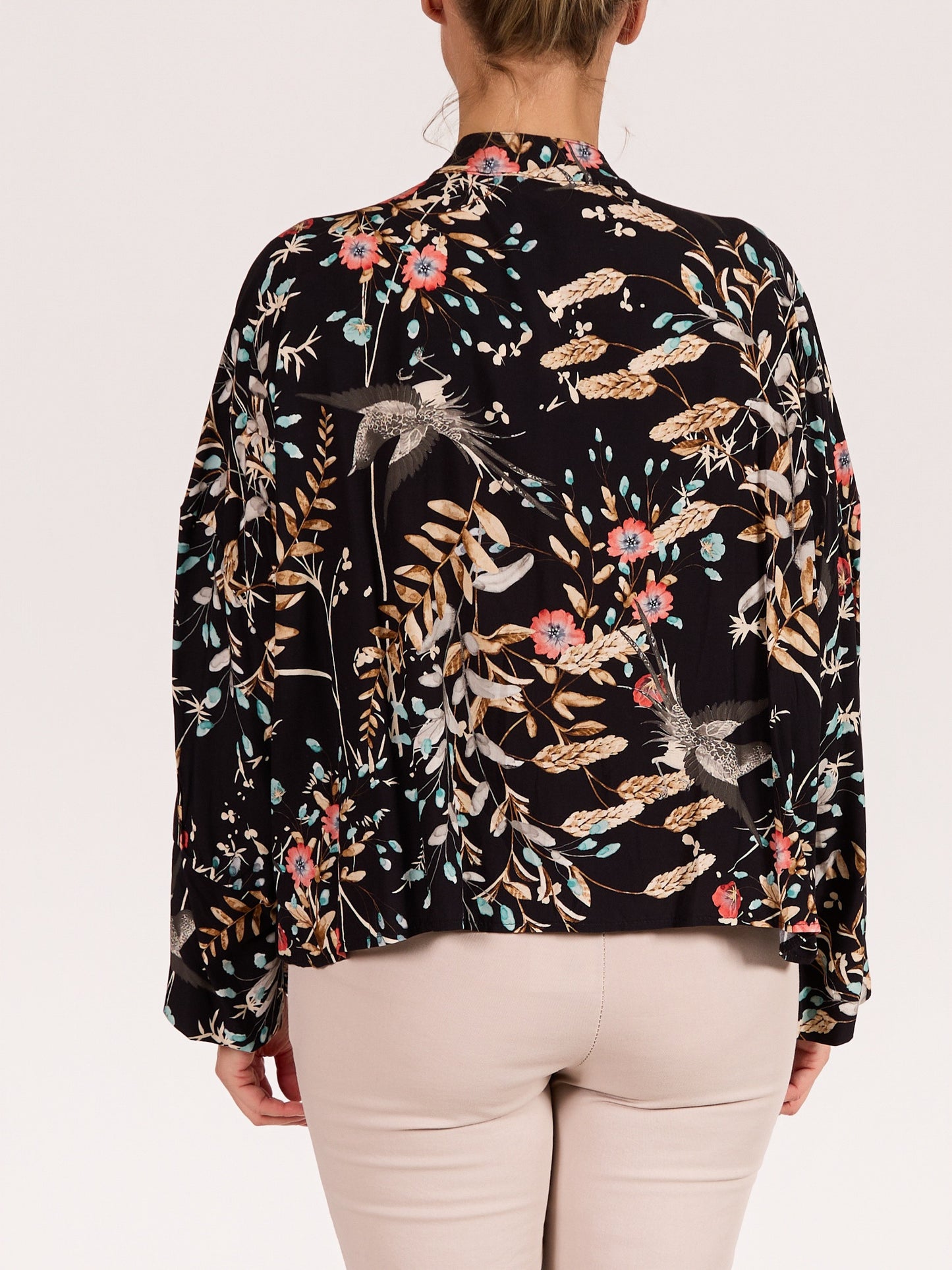 Black Button Front Long Sleeve Mandarin Collar Tie Front Floral Blouse