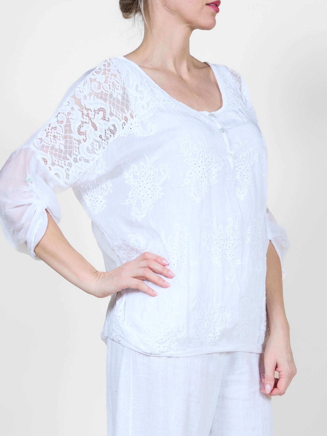 White Long Sleeve Top with Lace Detailing