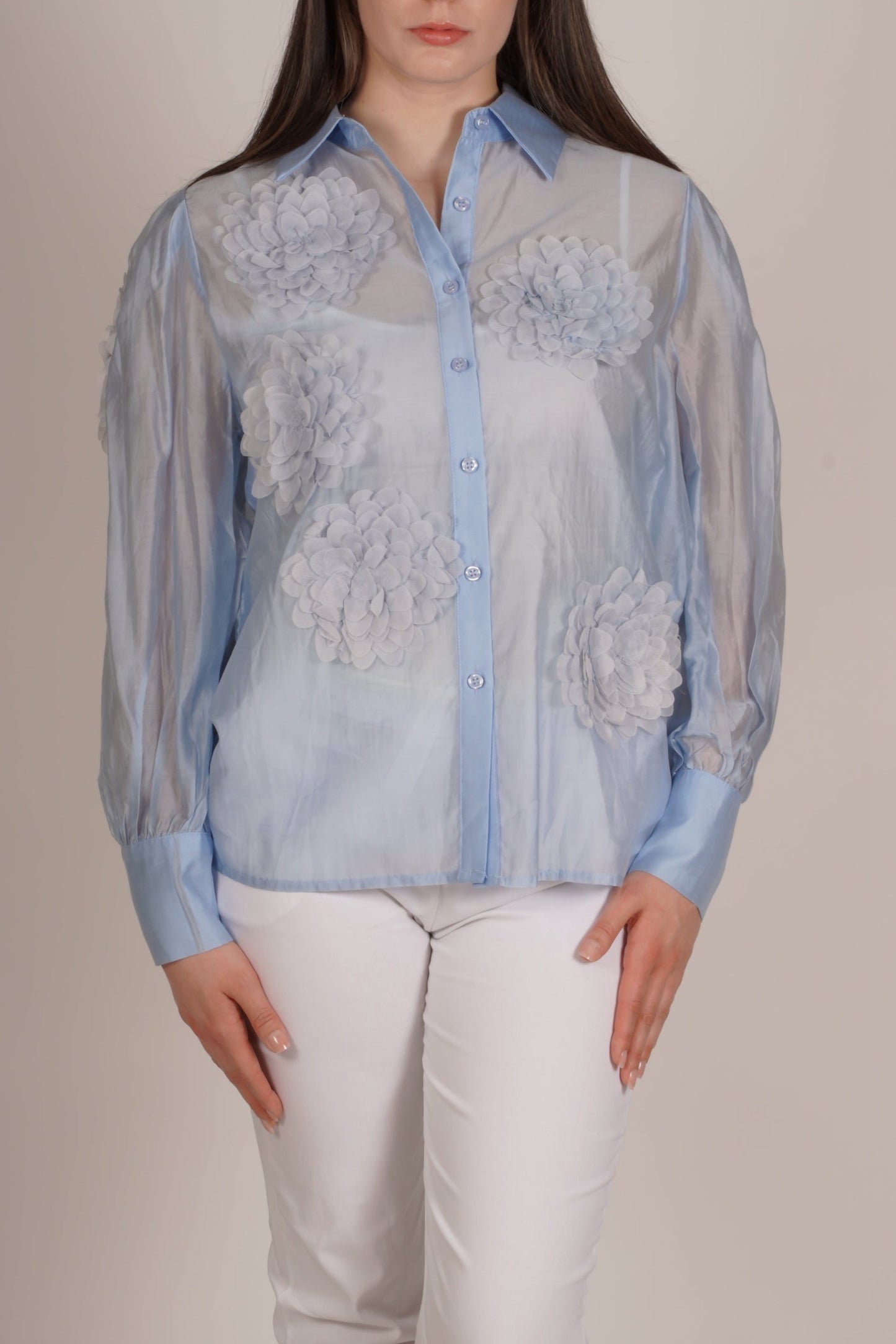 Sky Blue Button-Up Blouse with Fabric Flower Detailing