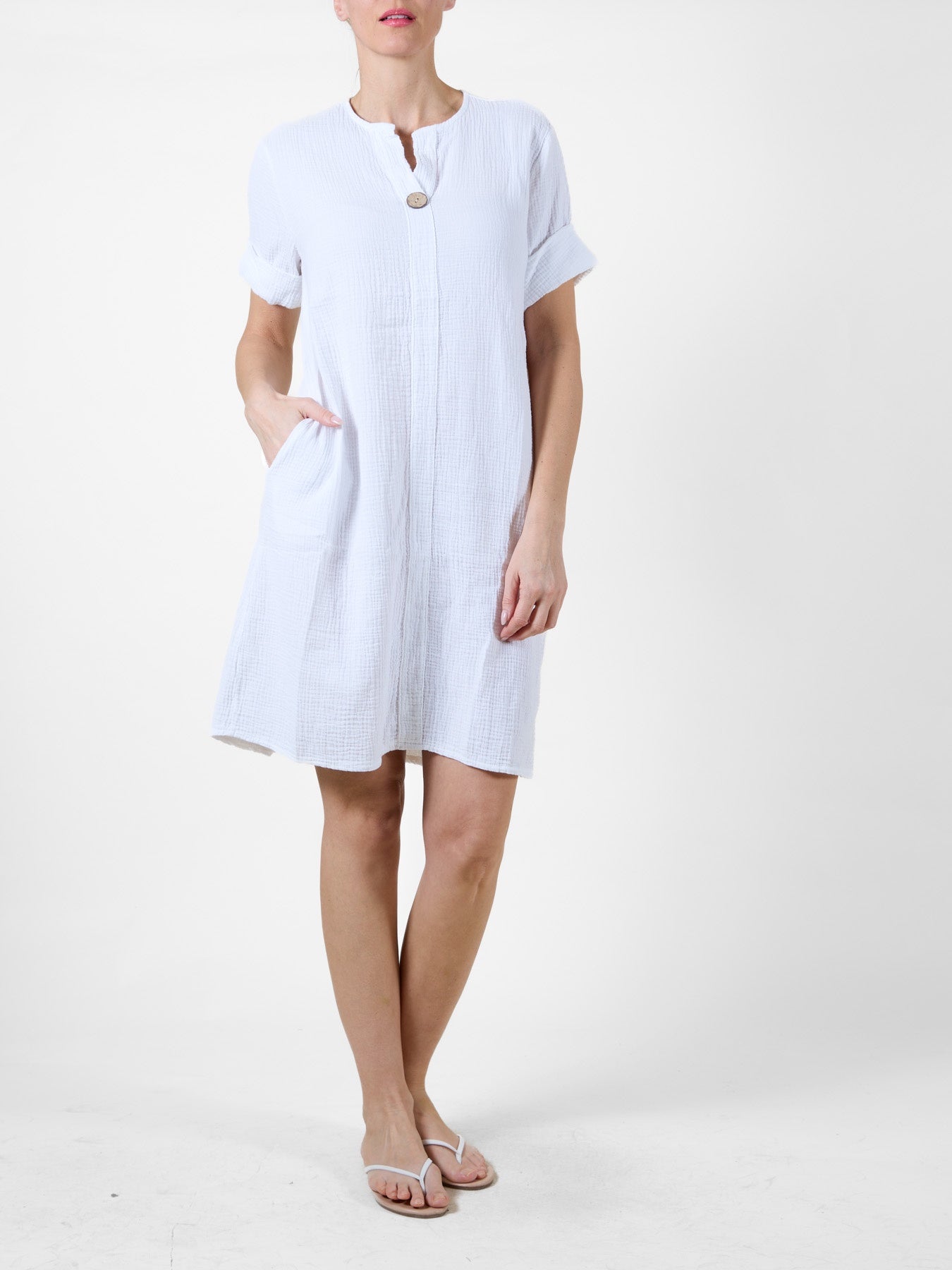 white Cotton Dress with 3/4 Sleeves and Wooden Button Detail