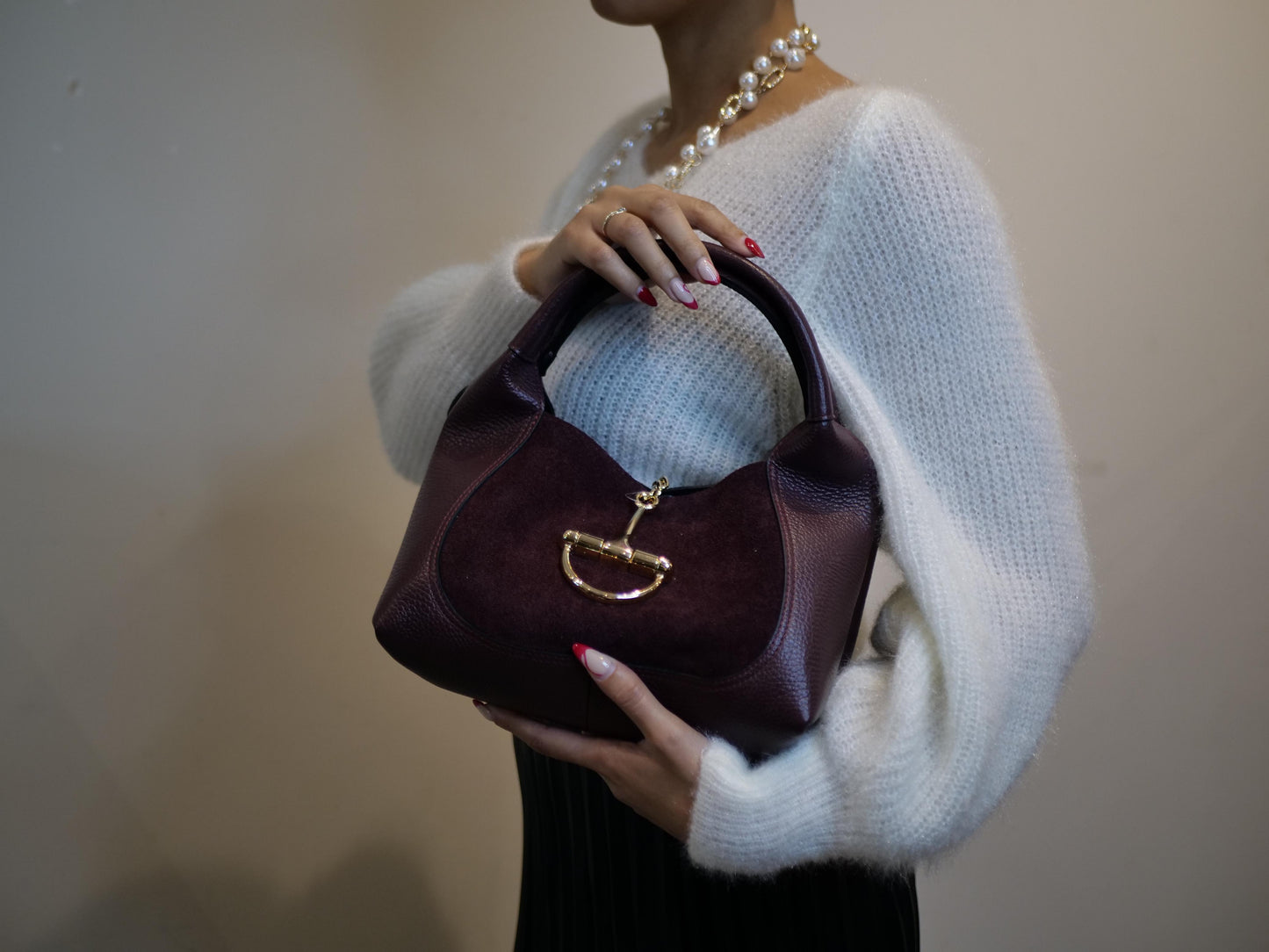Burgundy Leather Suede Handbag with Gold Detail