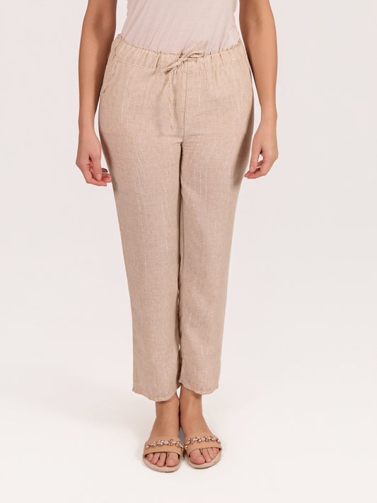 Beige Linen Blend Pull On Lurex Thread Pant