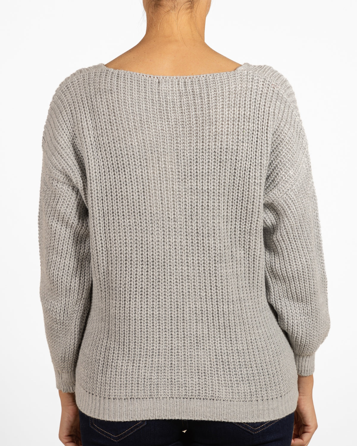 Grey Melange V-Neck Cable Knit Rib Combo Sweater