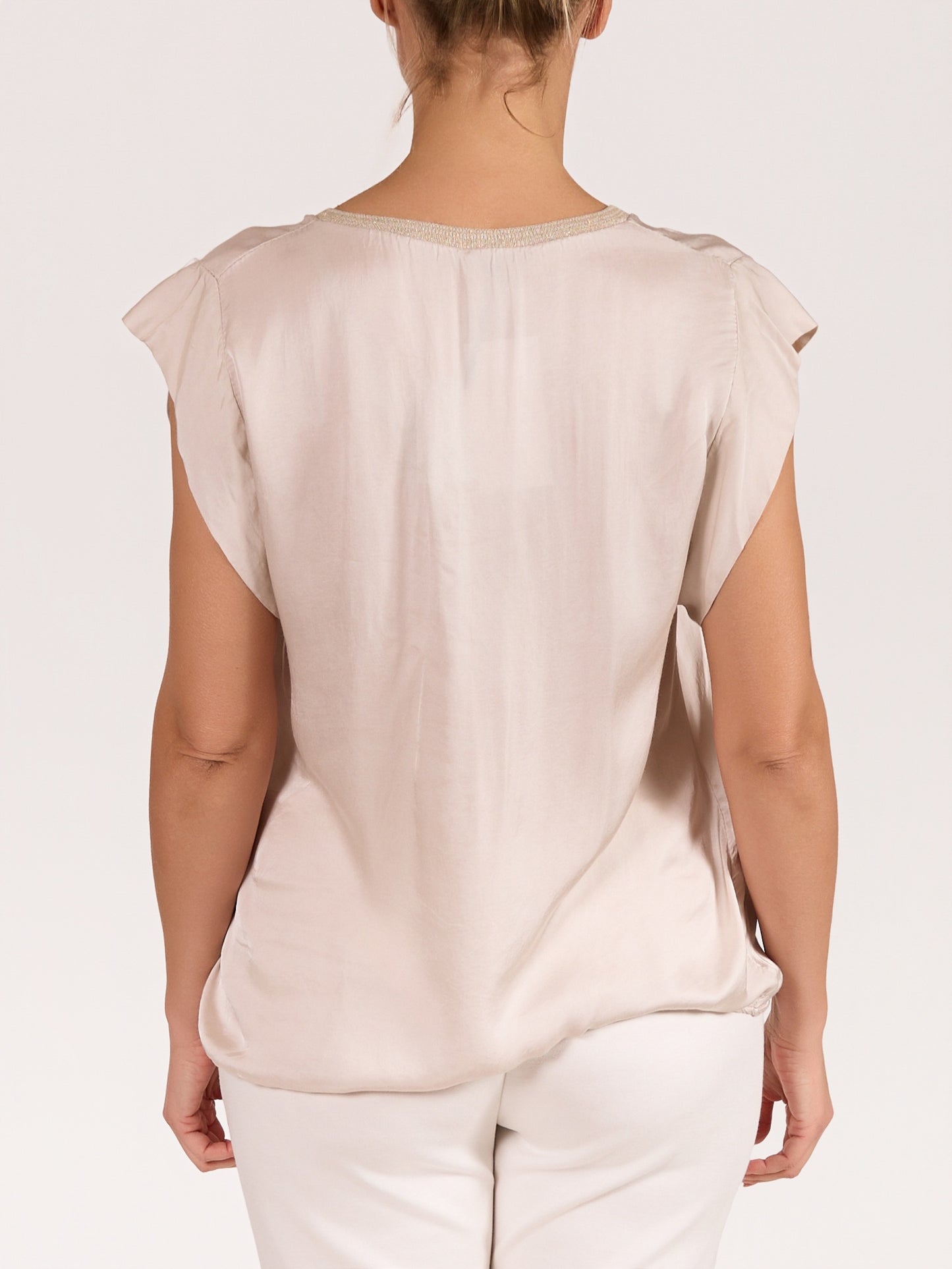 Beige V Neck Lurex Detail Satin Short Sleeve Top