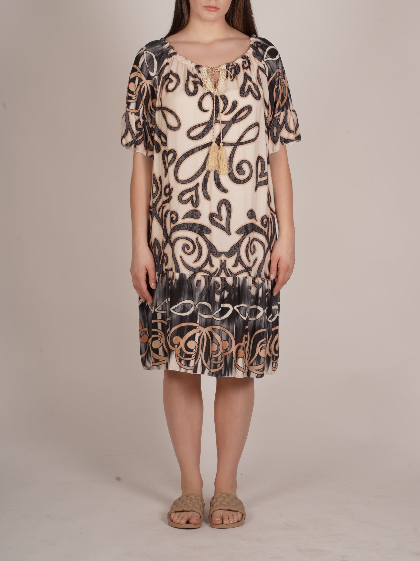 Black Printed Dress with Ruffle Details