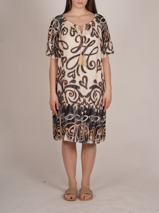 Black Printed Dress with Ruffle Details