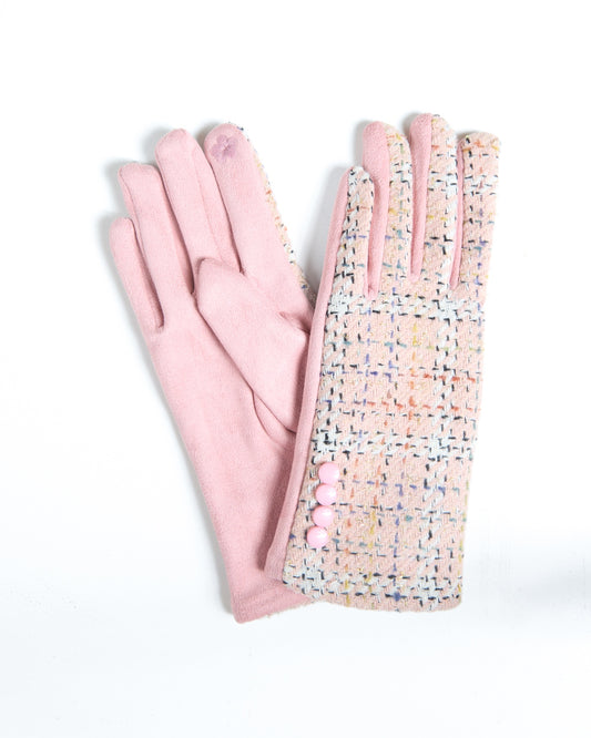 Pink Gloves with Woven Tweed Panel and Buttons