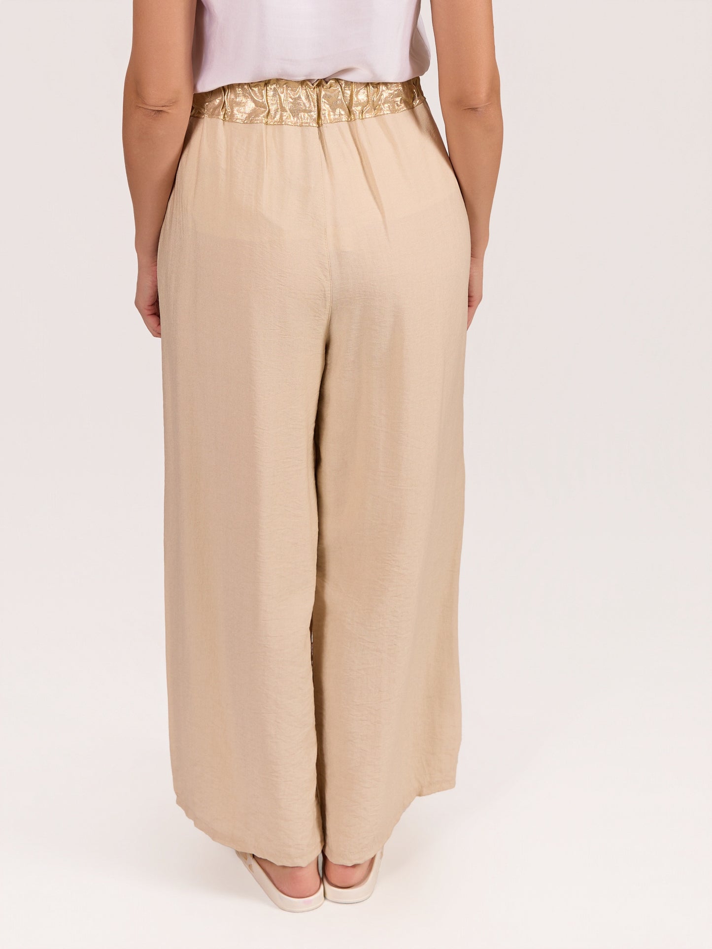 Beige Pull On Foil Waist Wide Leg Pant
