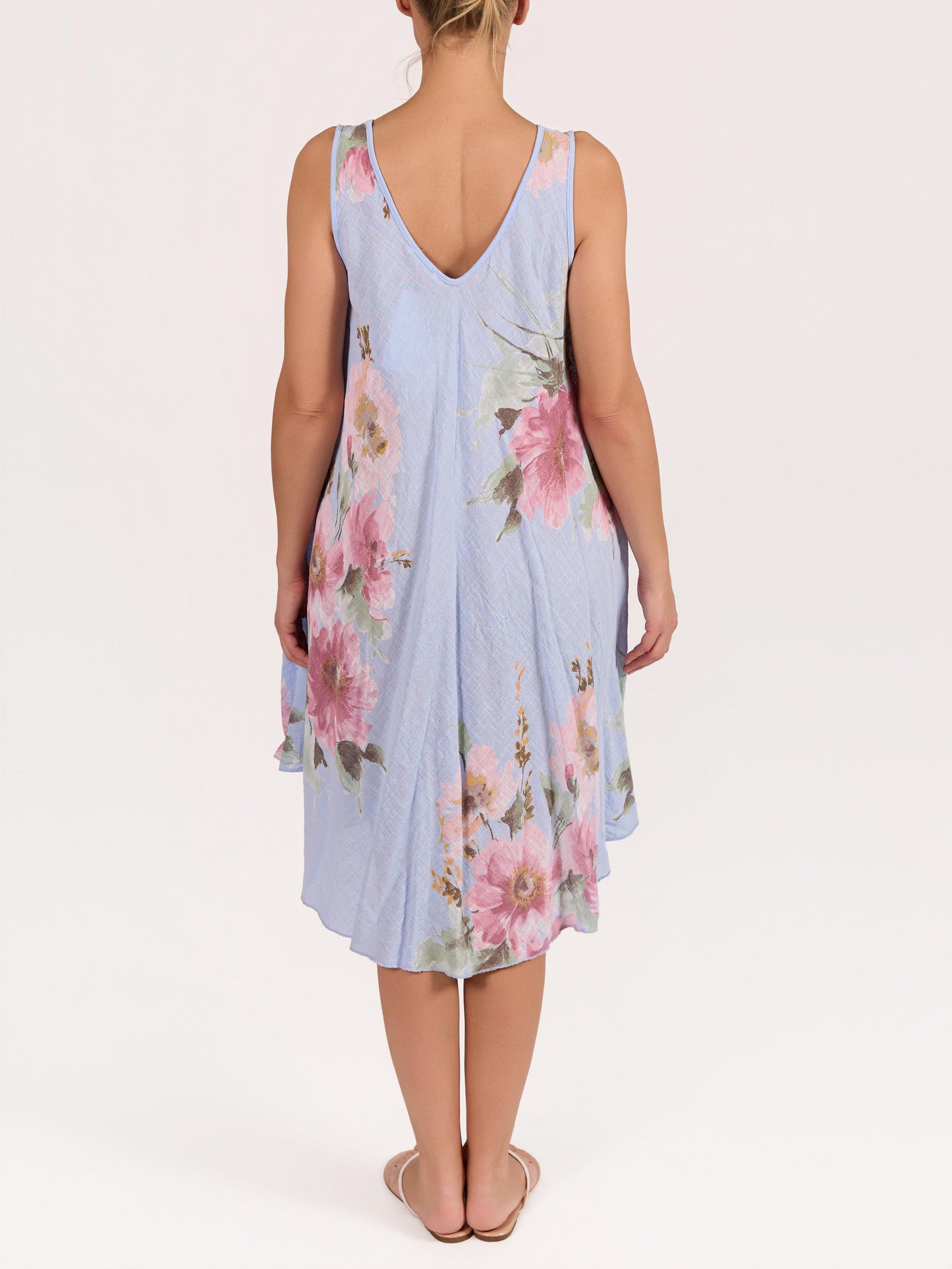 Robe Bleue Sans Manches Évasée Ligne A à Imprimé Floral
