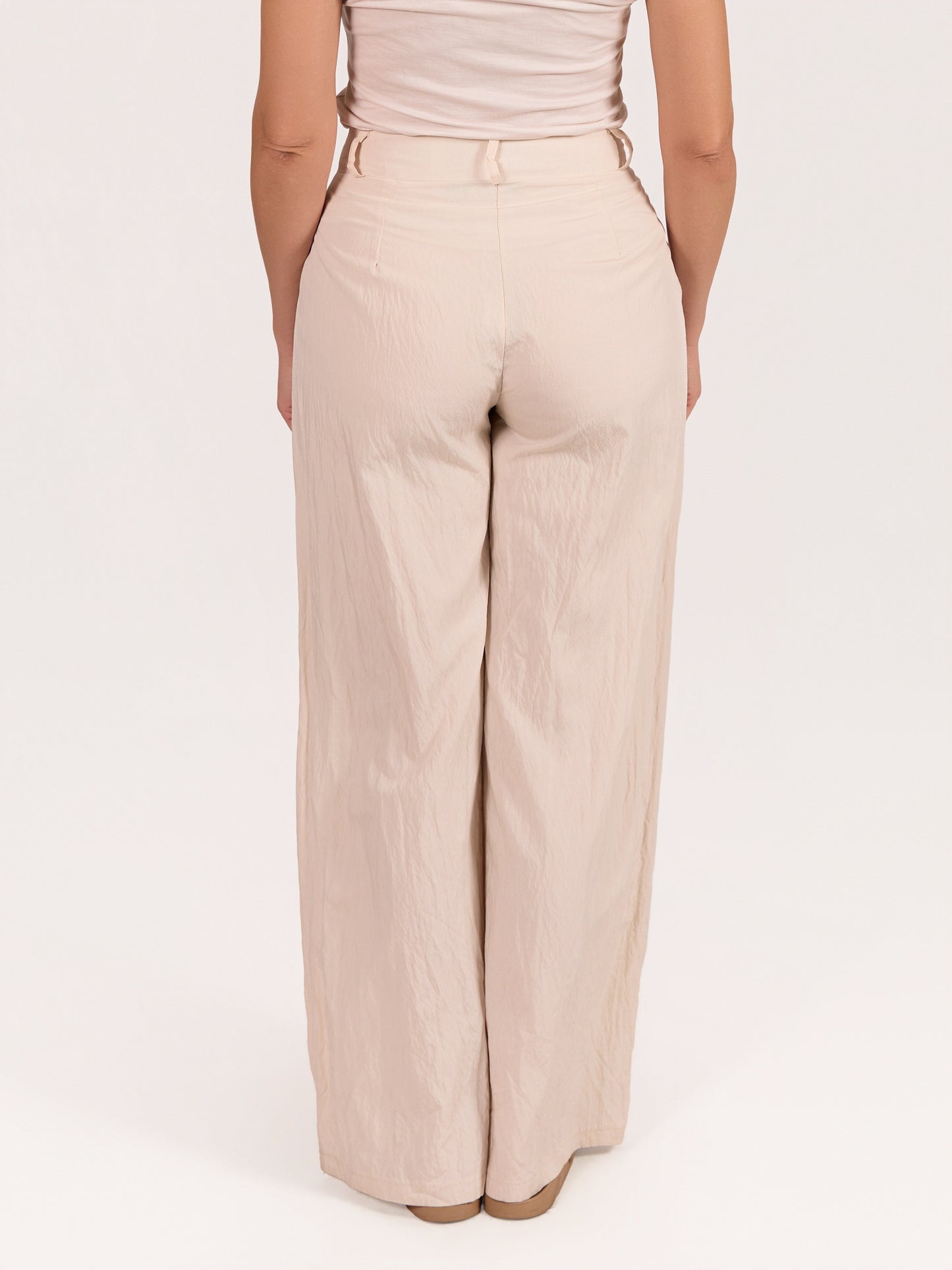 Beige Button Front Crinkle Pant