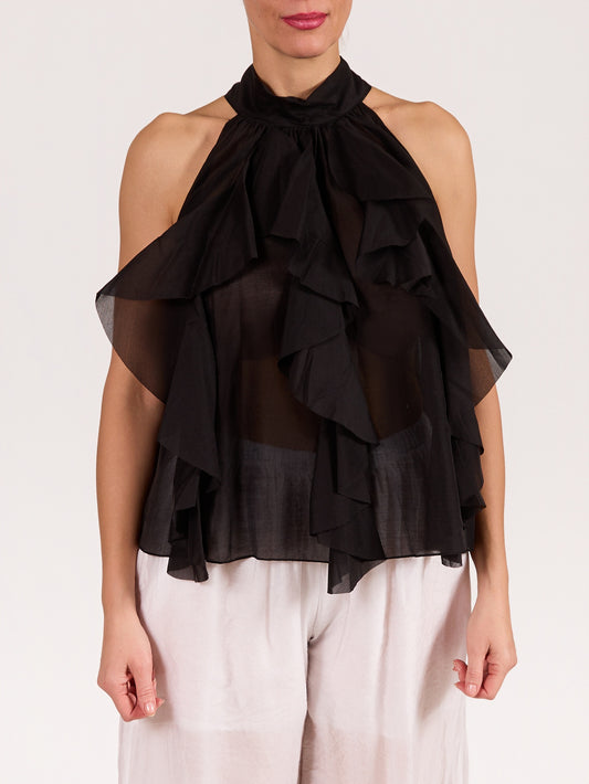 Black Sleeveless Bow Tie Ruffle Front Blouse
