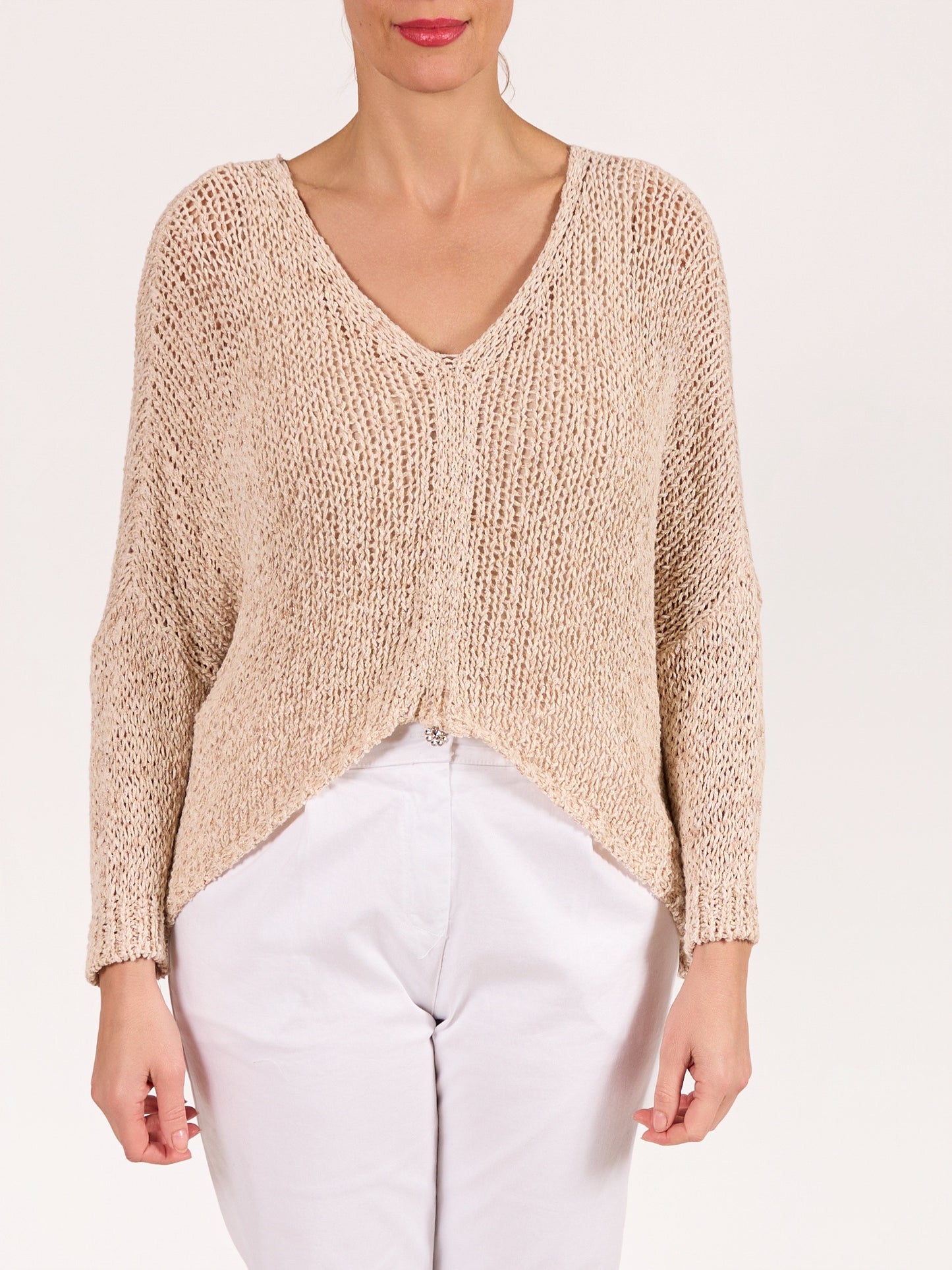 Beige V Neck Crochet Drop Shoulder Lurex Thread Sweater