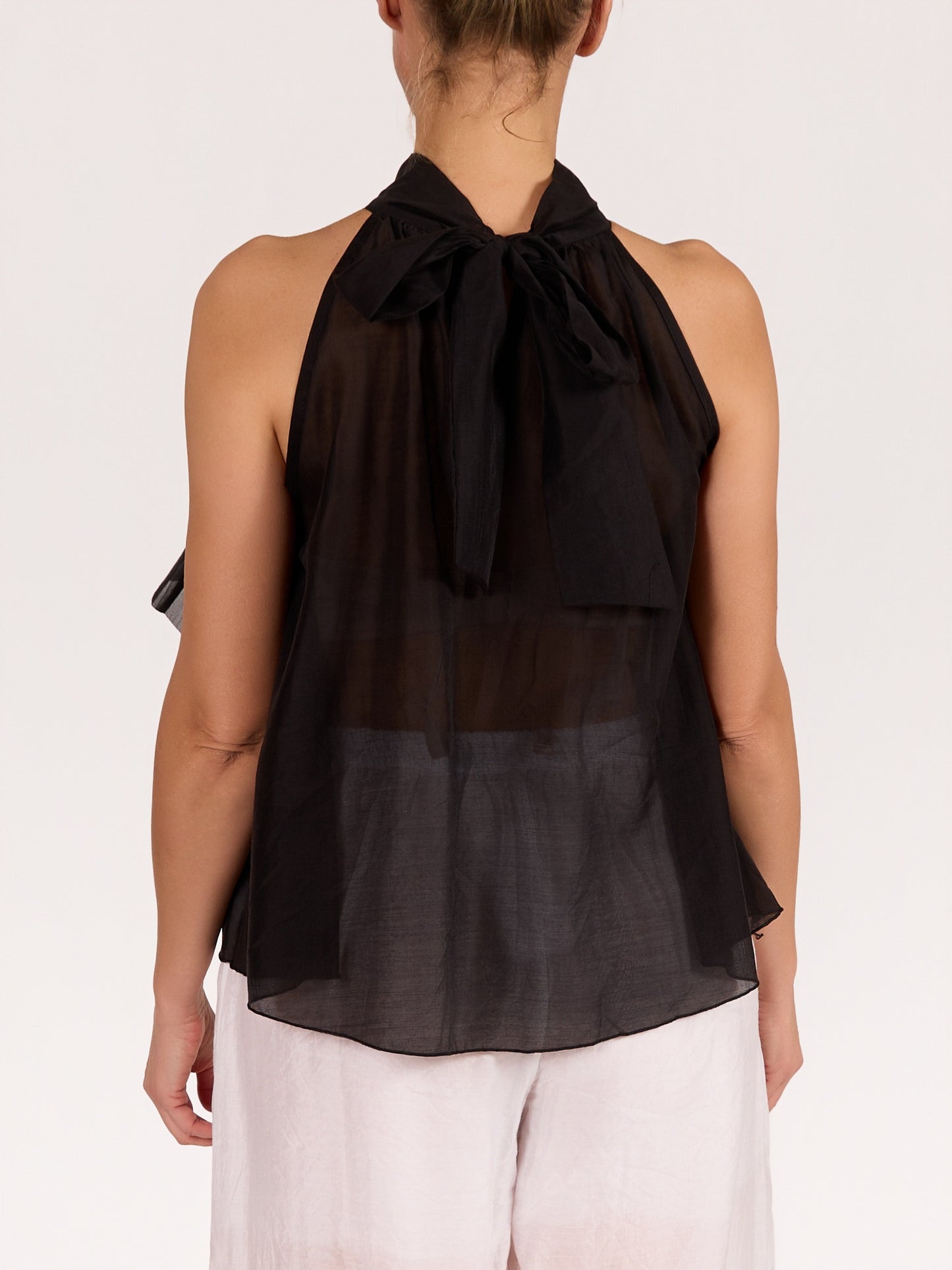 Black Sleeveless Bow Tie Ruffle Front Blouse