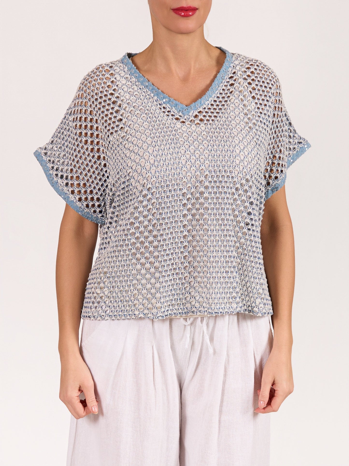 Blue Drop Shoulder Crochet V Neck Top
