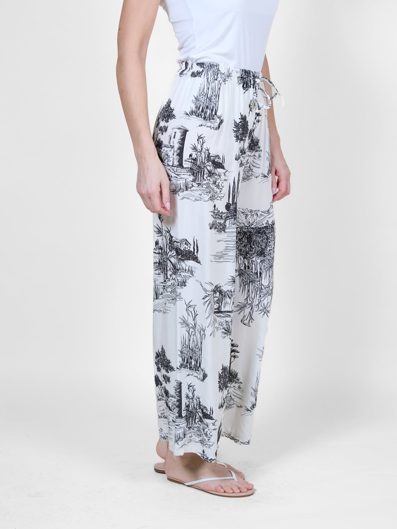 Midnight Tropical Print Wide Leg Pants with Tie Waist