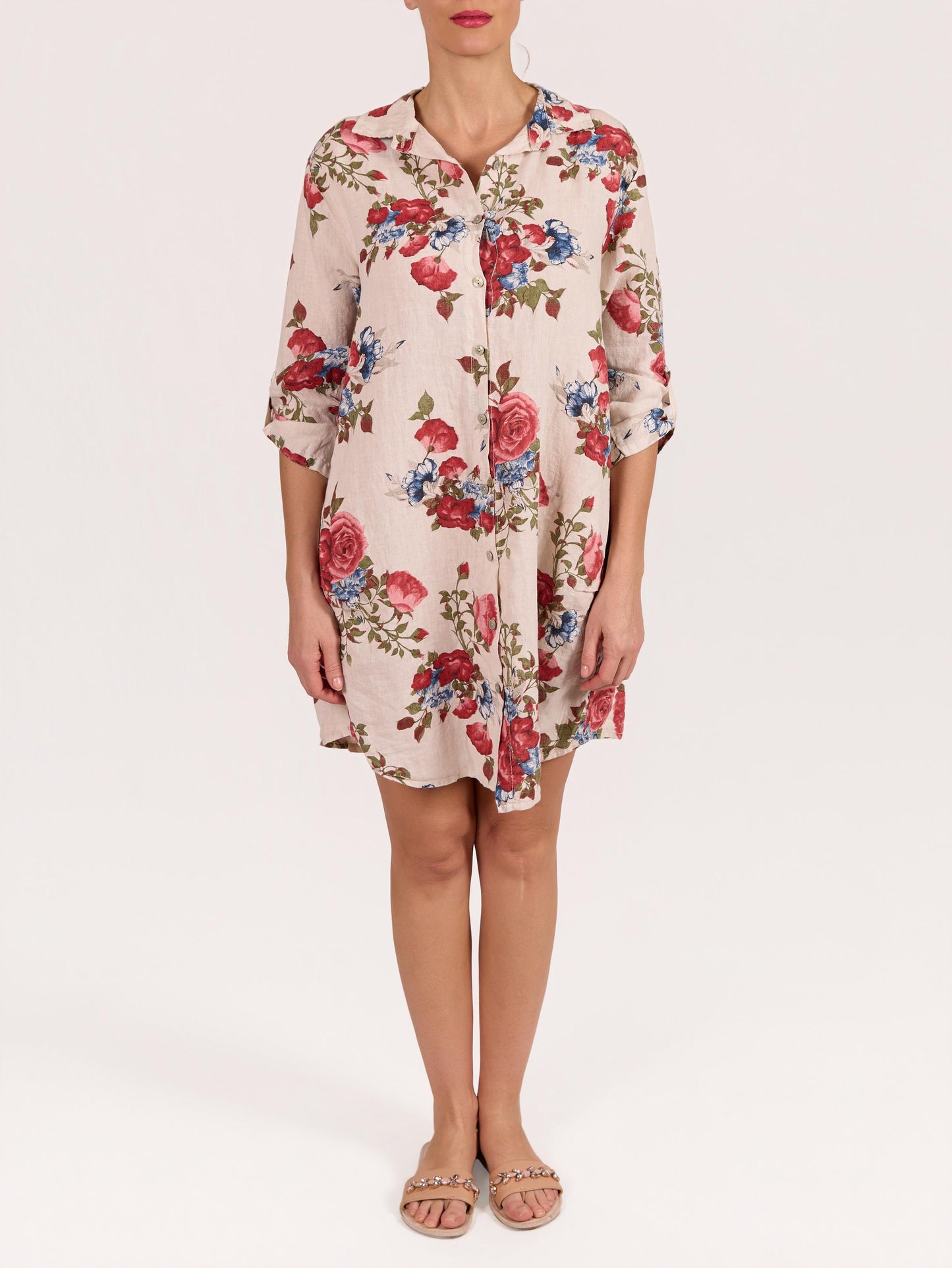 Beige Button Front Roll Up Sleeve Floral Print Shirt Dress