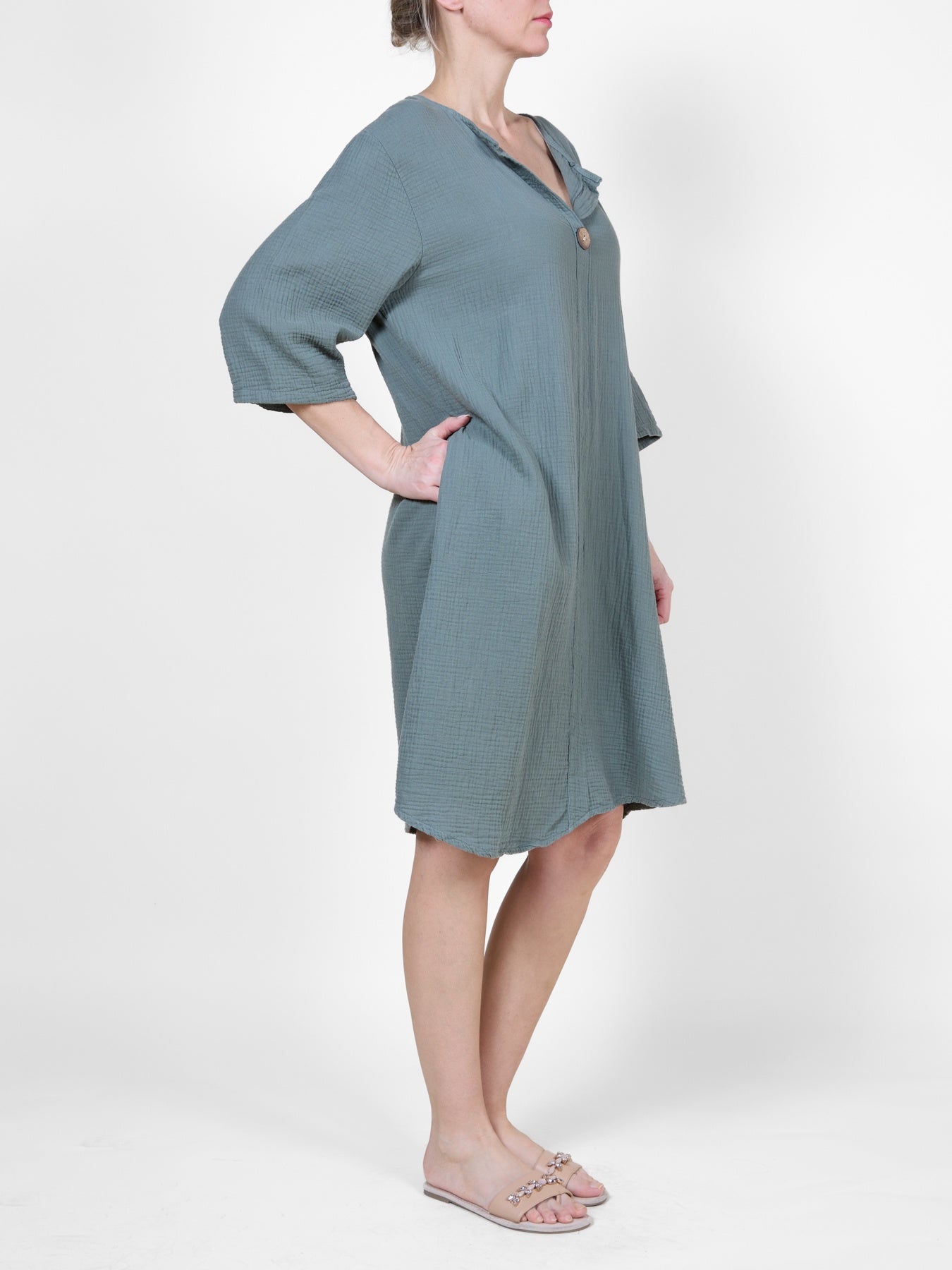 Palm Cotton Dress with 3/4 Sleeves and Wooden Button Detail