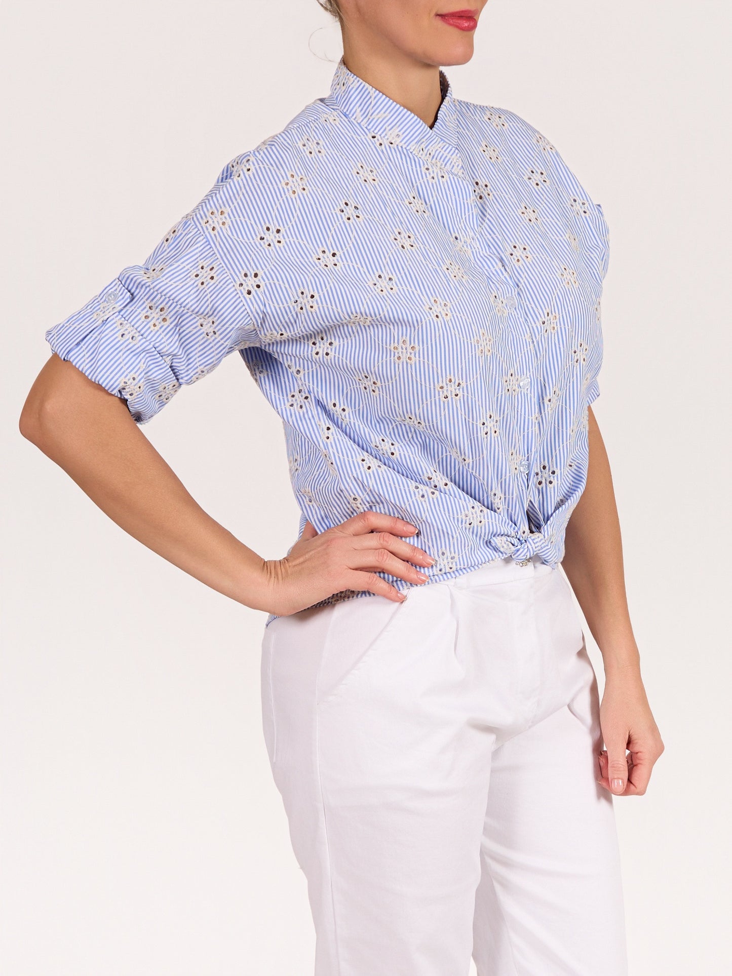 Blue Button Front Mandarin Collar Eyelet Stripe Shirt