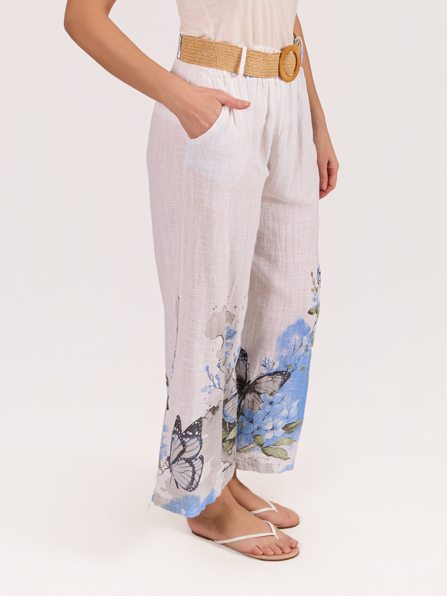 White Pull on Belted Butterfly Border Print Pant