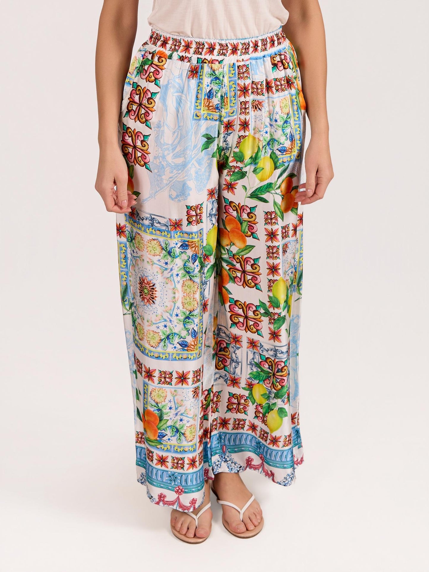 Blue Pull on Satin Oranges & Lemon Print Pant