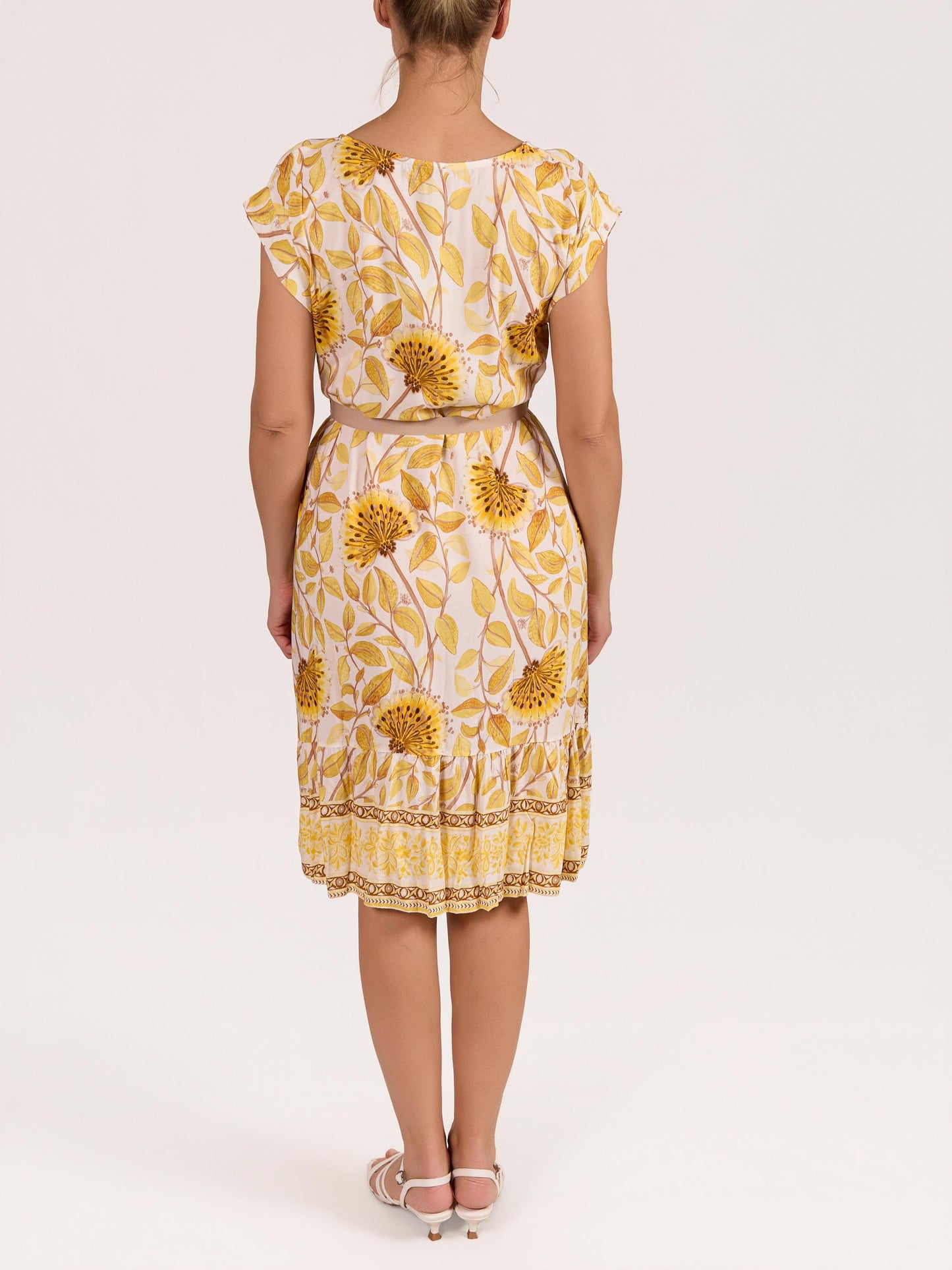 Yellow Boat Neck Ribbon Belt Floral Ruffle Dress