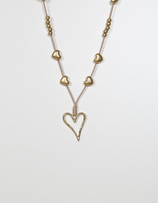 Gold Cord Necklace with Layered Heart and Ball Details