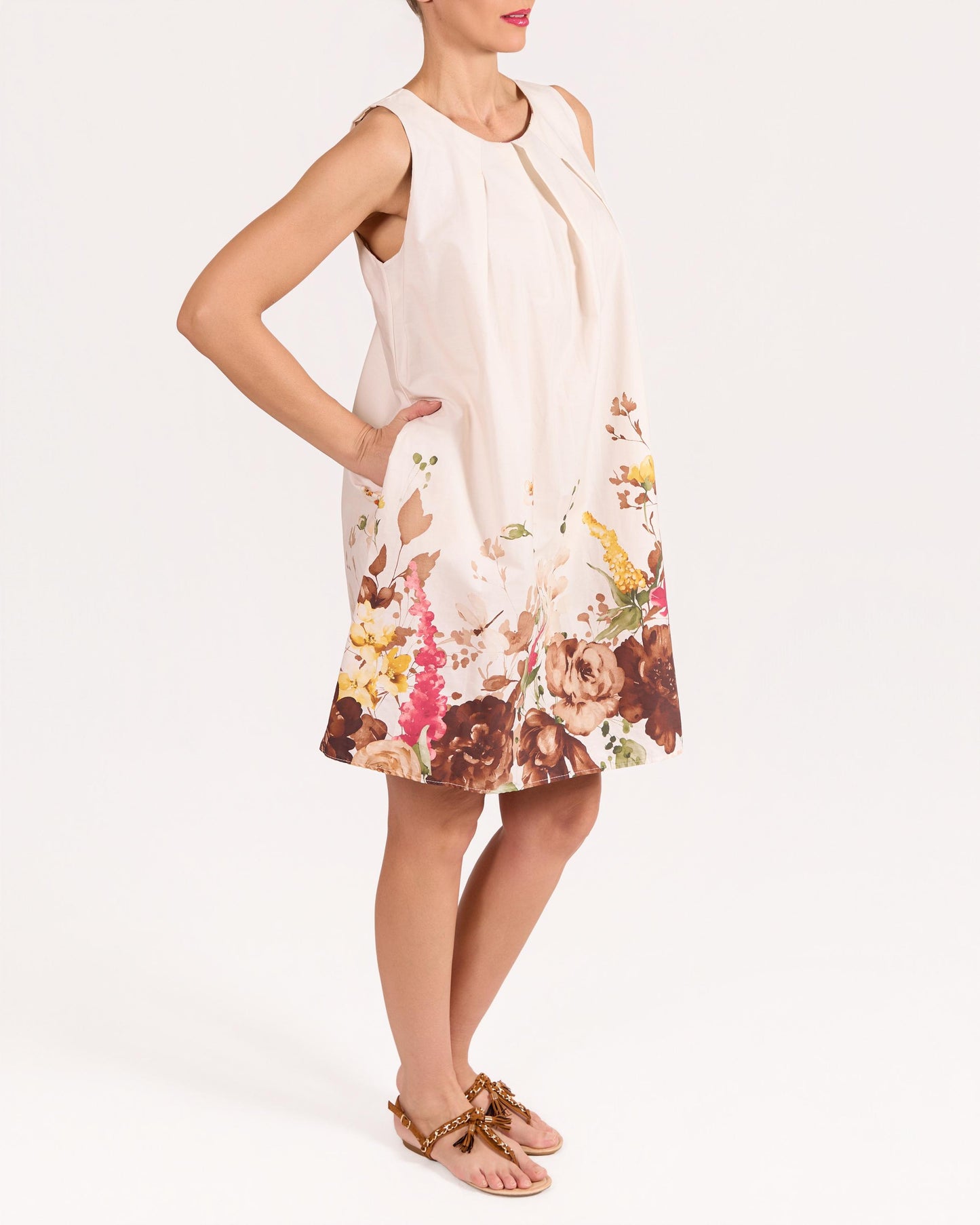 Beige Sleeveless Border Print Floral Pleated Neckline Dress