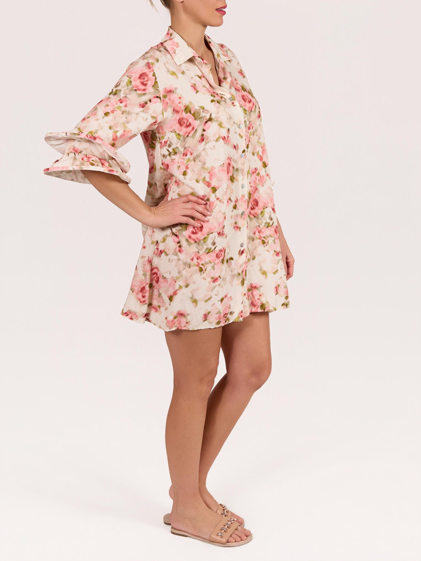 Rose Button Front Novelty Sleeve Floral Print Dress