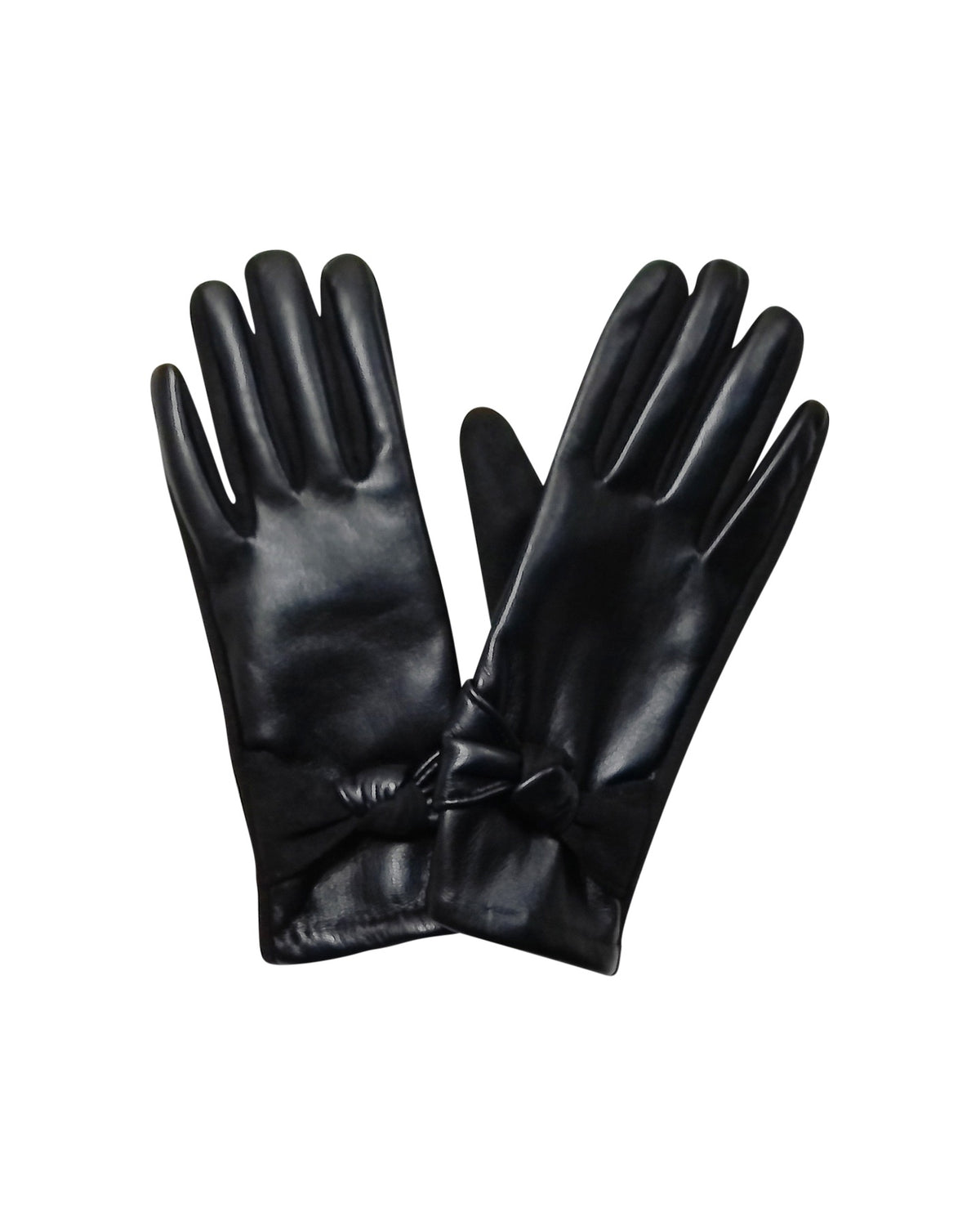 Black Faux-Leather Touchscreen Gloves with Bow Detail