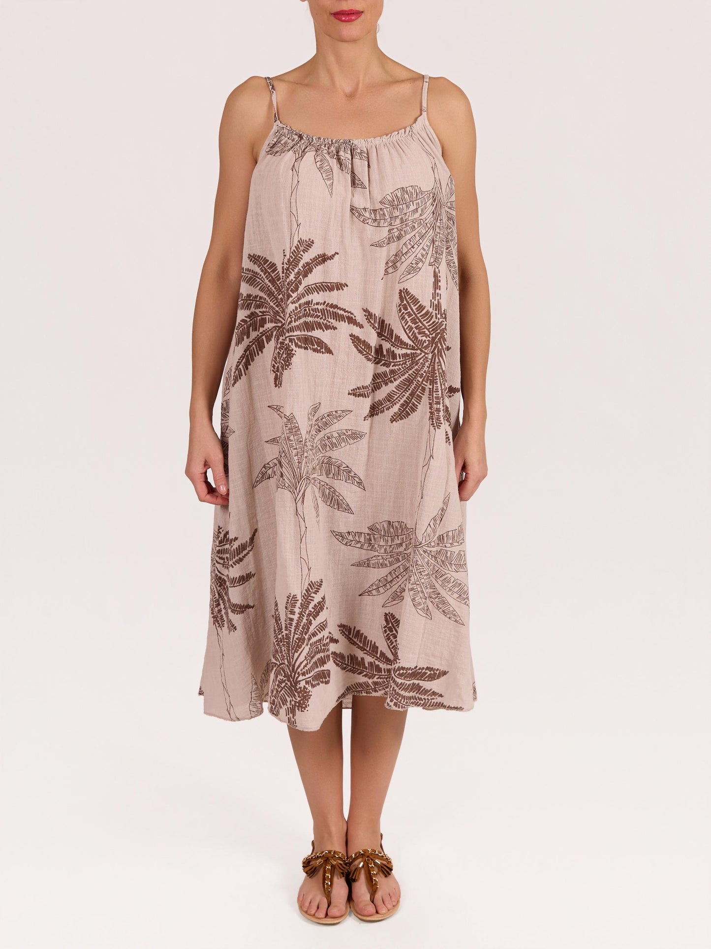 Beige Spaghetti Strap Palm Floral Gauze Dress