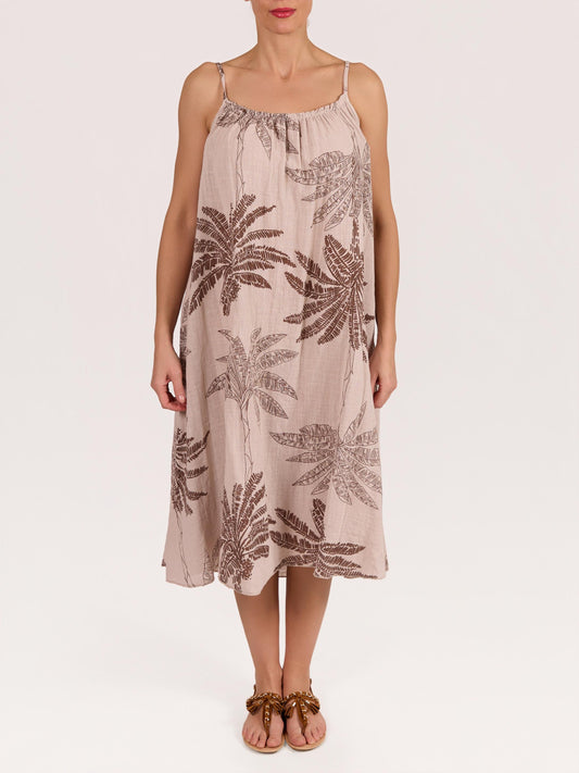 Beige Spaghetti Strap Palm Floral Gauze Dress