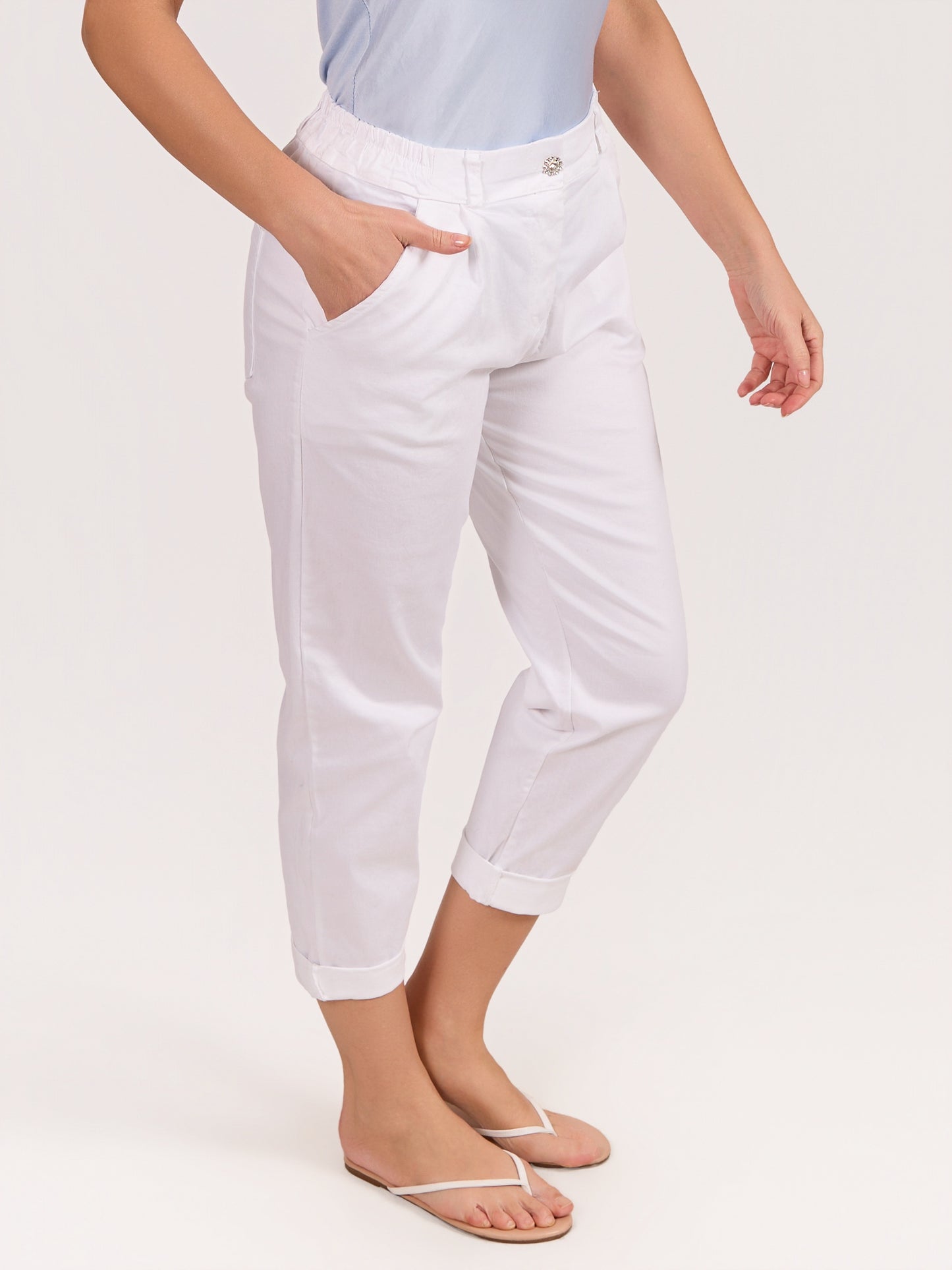 White Rhinestone Button Front Zip Pant