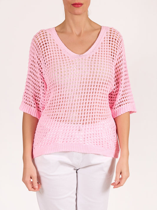 Rose V Neck Drop Shoulder Crochet Sweater